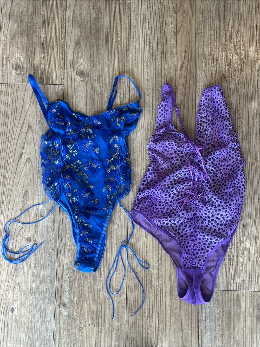 Women’s Blue and Purple Lace-Up Bodysuits - Elegant Embroidered & Printed Styles